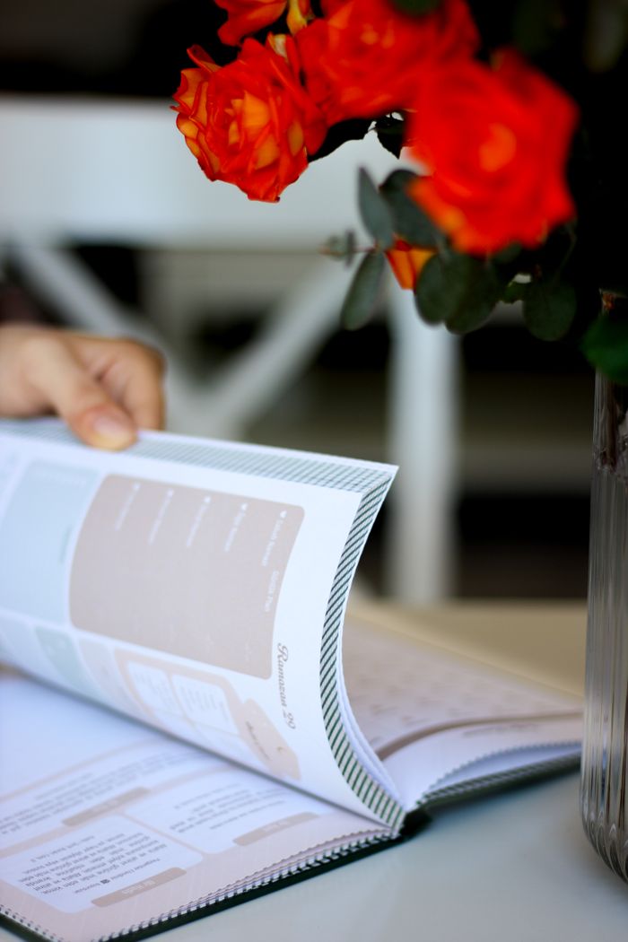 Close-up of hands flipping a planner with red roses in a vase. Indoor scene with a warm, vibrant tone.