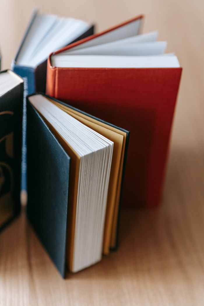 From above collection of new book with black and red hardcovers arranged in wooden table in light library